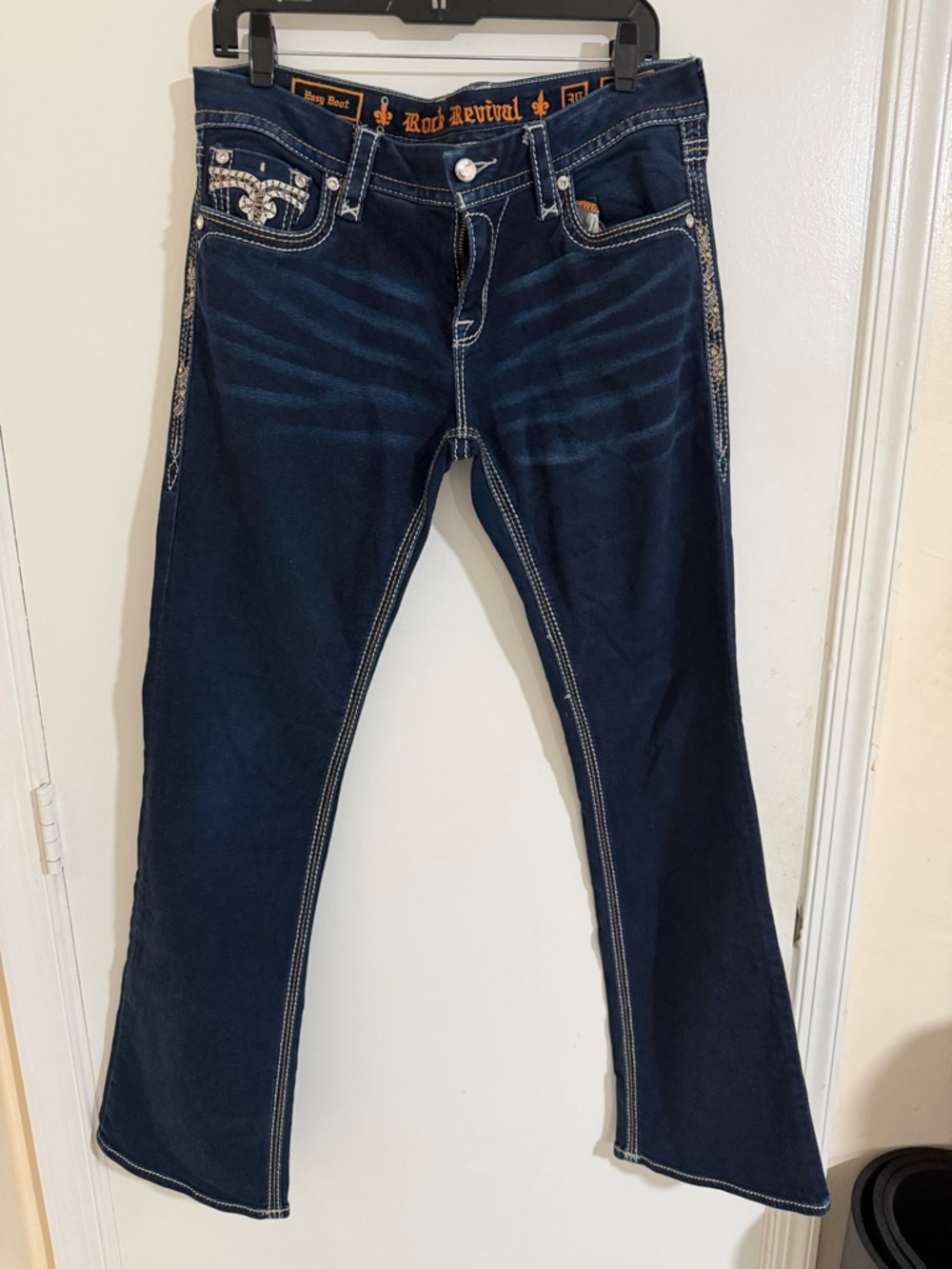 Rock Revival Navy Blue Embroidered Wide Leg Jeans